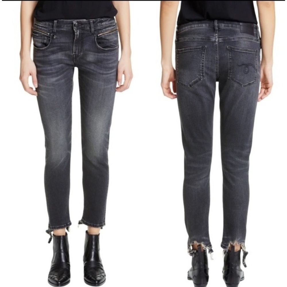 R13 Biker Boy Distressed Skinny Denim Jeans Women's 28 Gino Black Raw Hem New